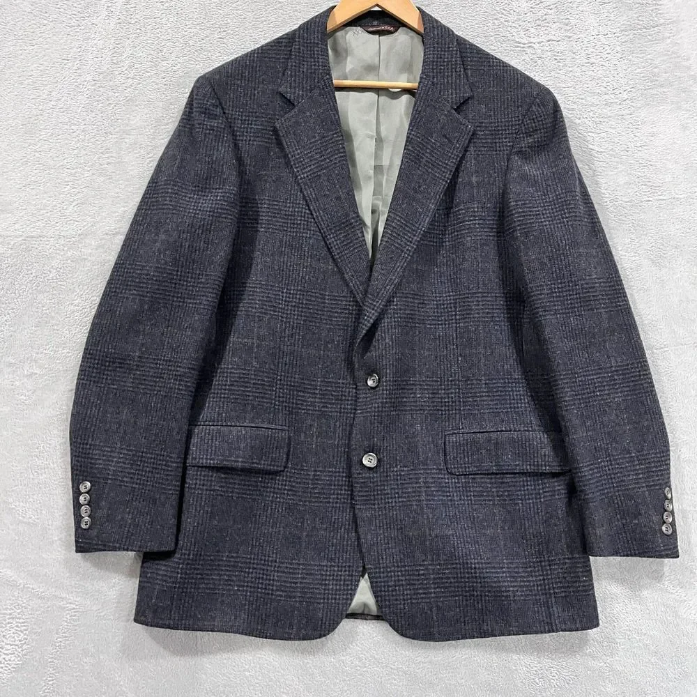 VTG Nordstrom J&F Blazer Men 42R 100% Wool Sport Coat‎ Plaid Navy